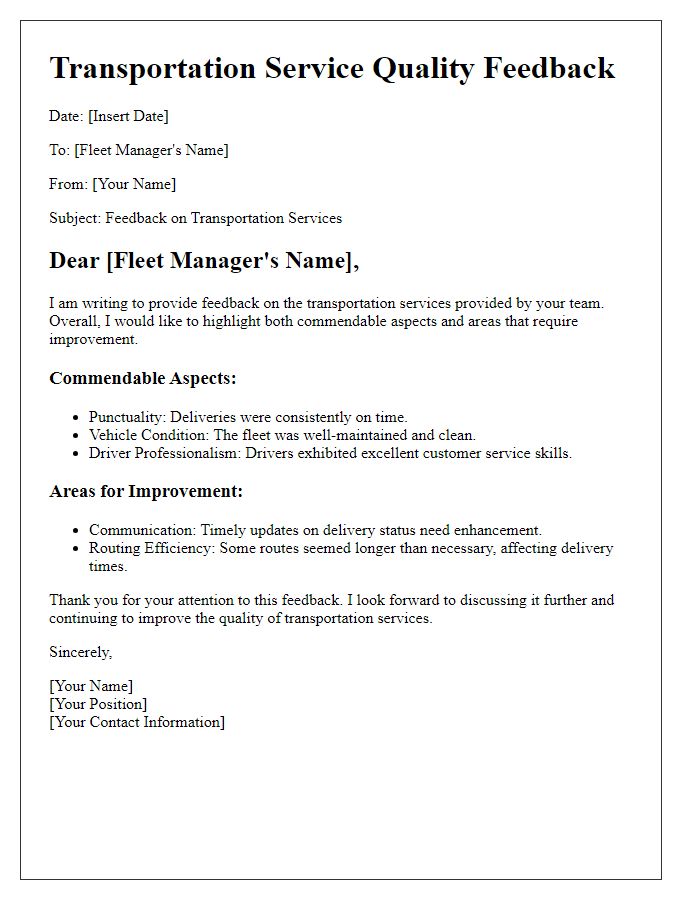 Letter template of transportation service quality feedback for fleet managers