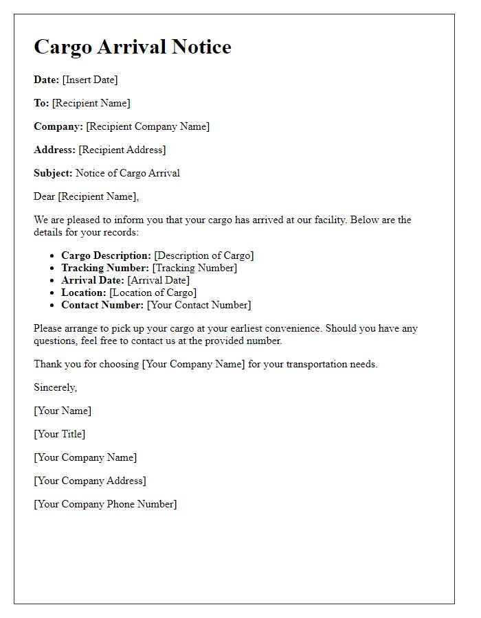 Letter template of cargo arrival notice for transportation service.