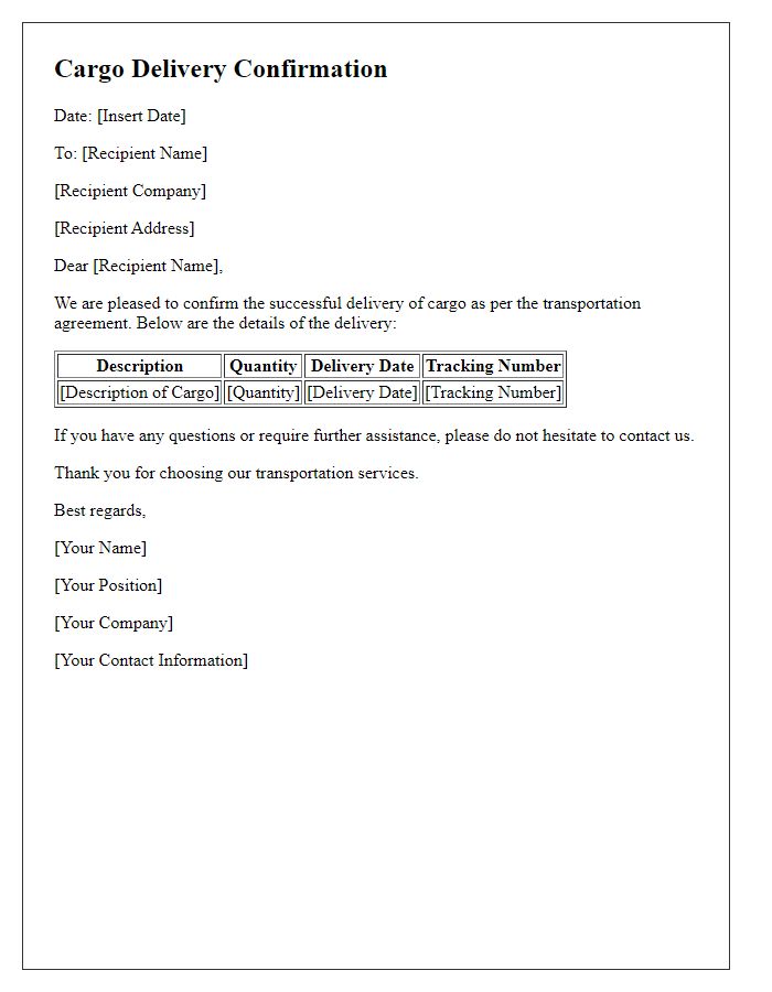 Letter template of cargo delivery confirmation for transportation service.