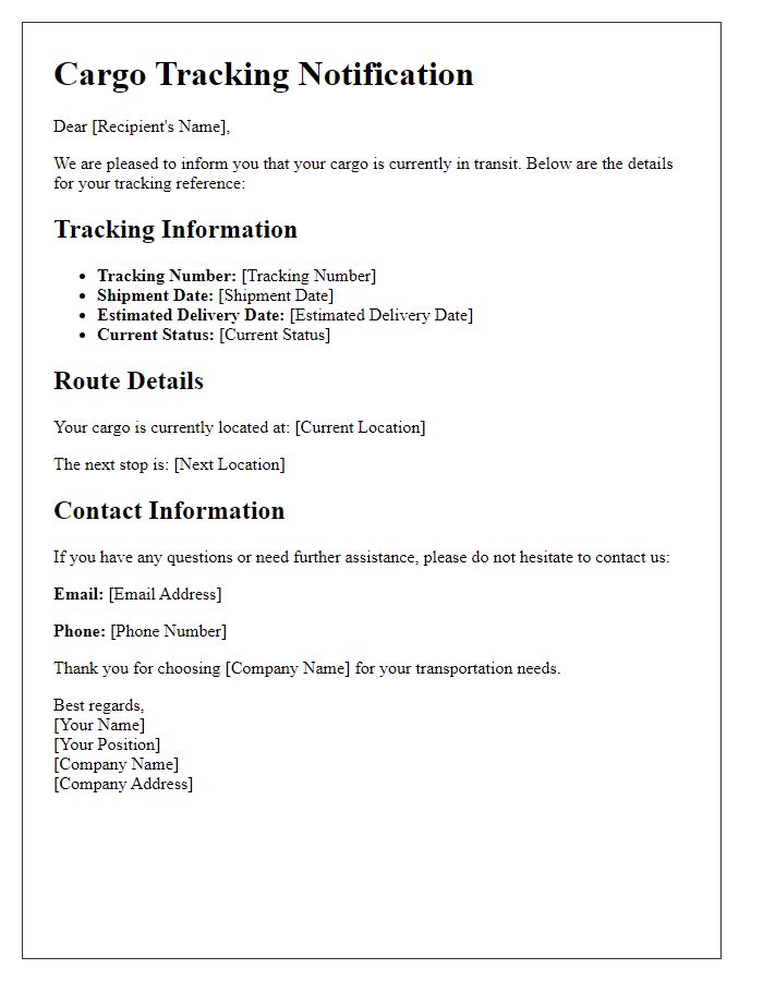 Letter template of cargo tracking notification for transportation service.