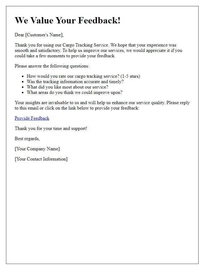 Letter template of customer feedback request for cargo tracking service.