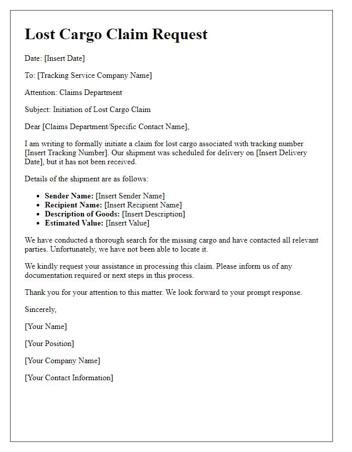 Letter template of lost cargo claim initiation for tracking service.