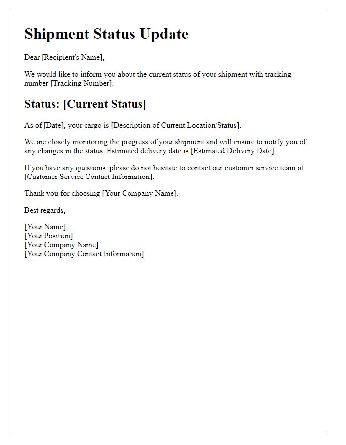 Letter template of shipment status update for cargo tracking.