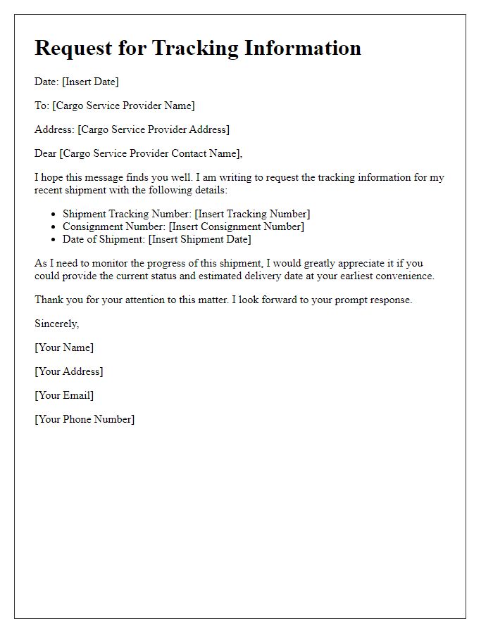 Letter template of tracking information request for cargo service.