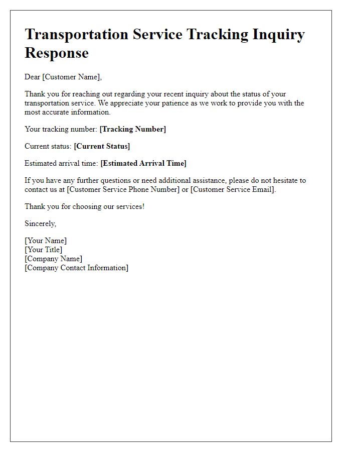 Letter template of tracking inquiry response for transportation service.