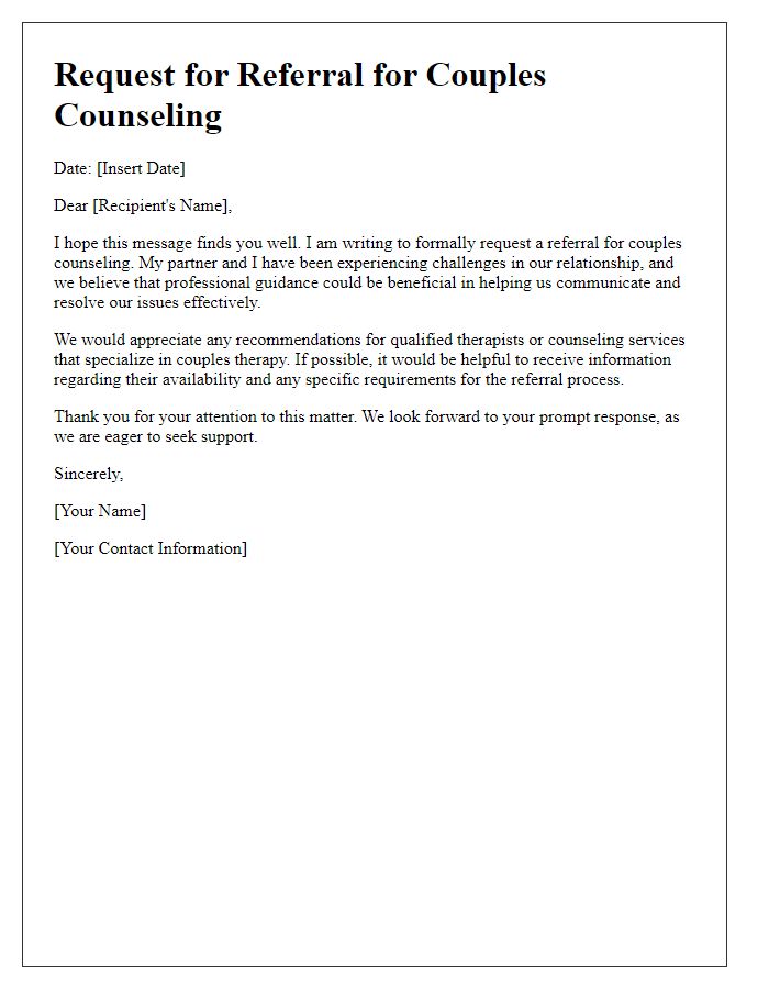 Letter template of request for mental health service referral for couples counseling.