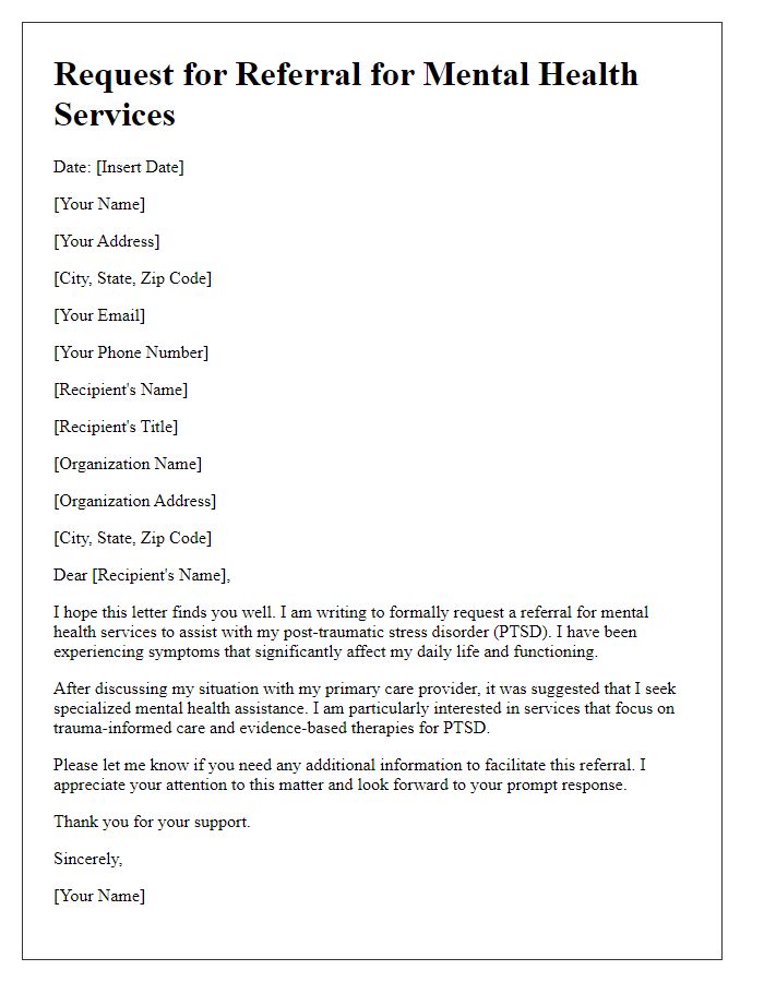 Letter template of request for mental health service referral for PTSD assistance.