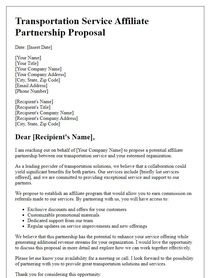 Letter template of transportation service affiliate partnership proposal