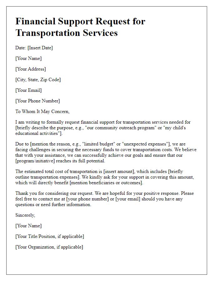 Letter template of transportation service financial support request