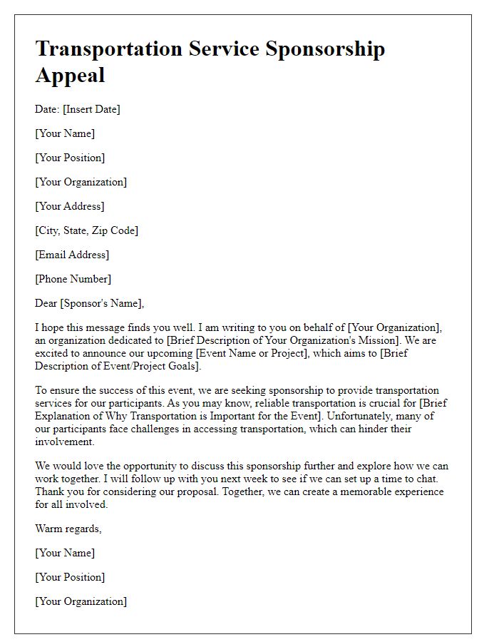 Letter template of transportation service sponsorship appeal