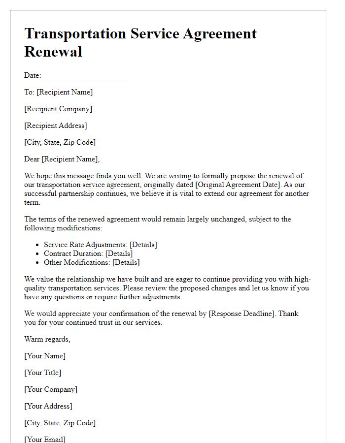 Letter template of transportation service agreement renewal