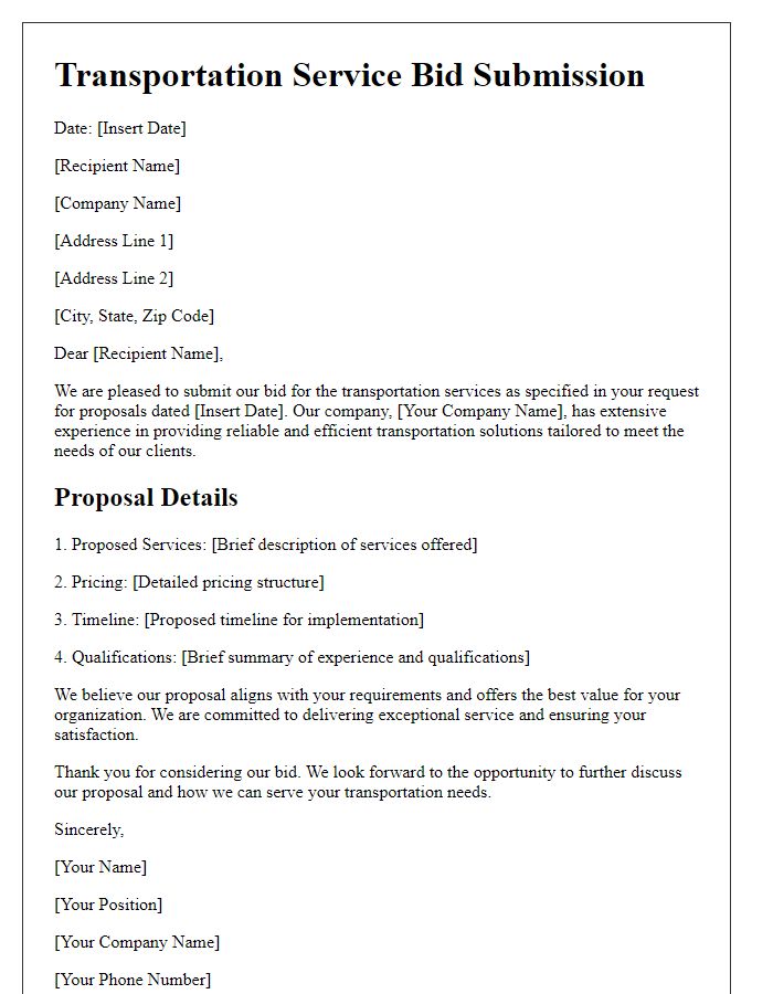 Letter template of transportation service bid submission