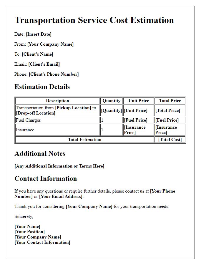 Letter template of transportation service cost estimation