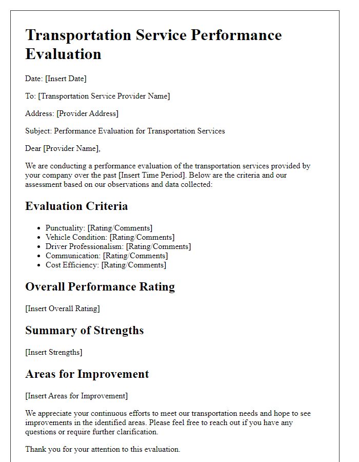 Letter template of transportation service performance evaluation