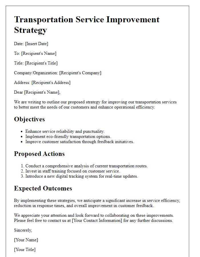 Letter template of transportation service improvement strategy