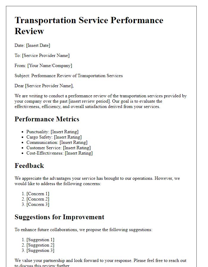 Letter template of transportation service performance review