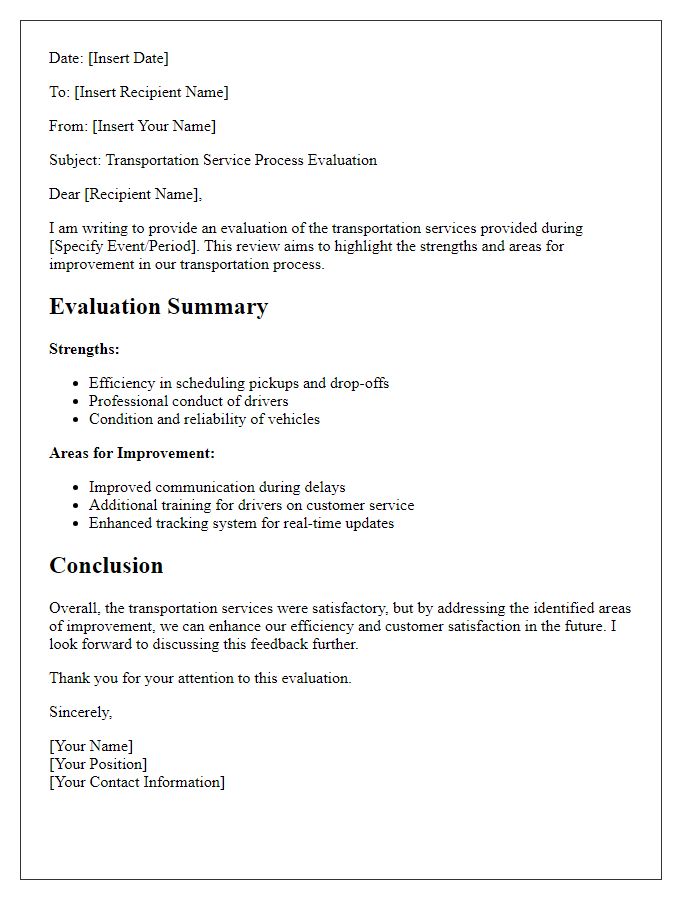 Letter template of transportation service process evaluation