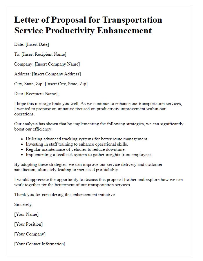 Letter template of transportation service productivity enhancement