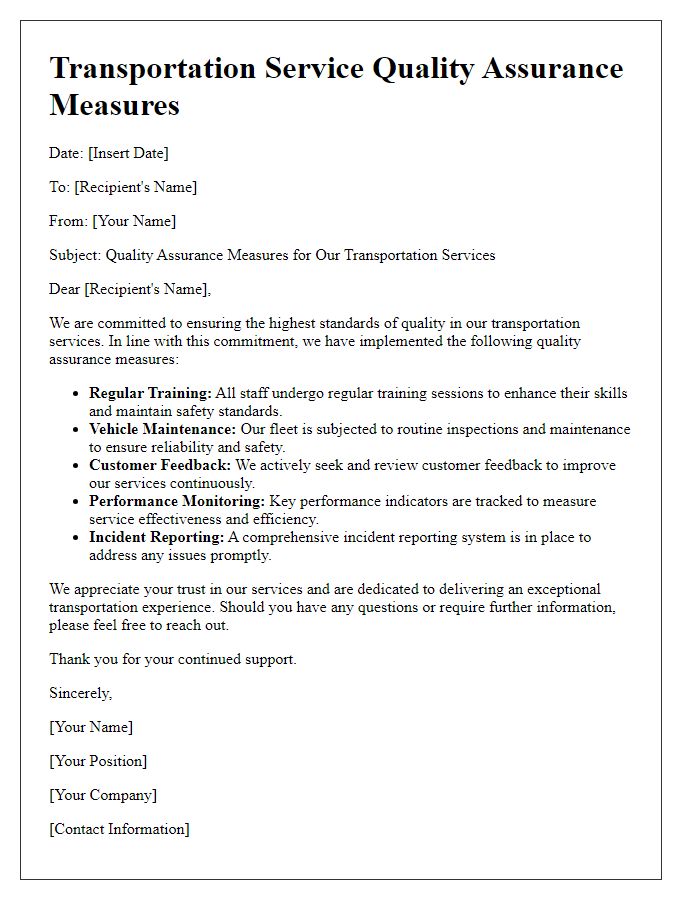 Letter template of transportation service quality assurance measures