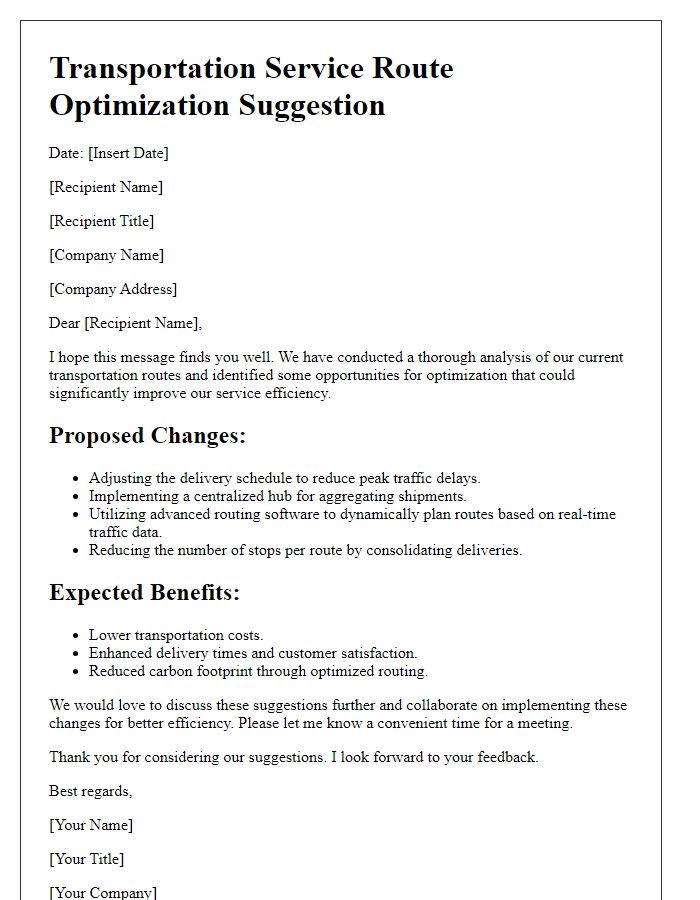 Letter template of transportation service route optimization suggestion