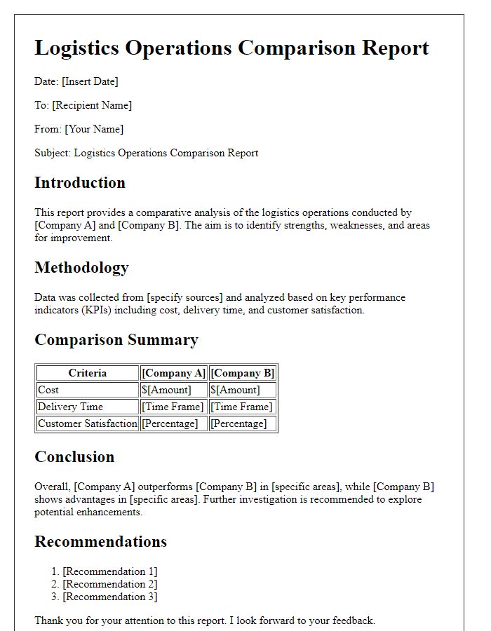 Letter template of logistics operations comparison report