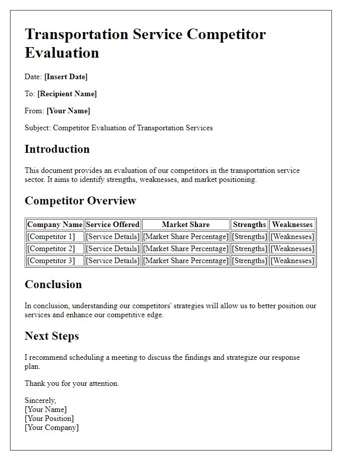 Letter template of transportation service competitor evaluation