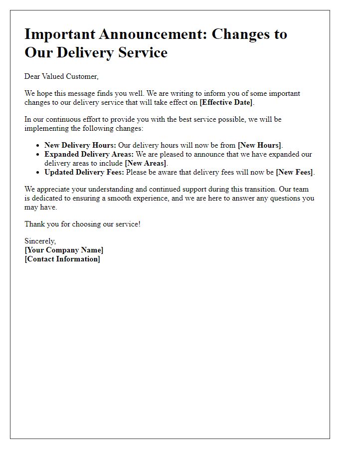 Letter template of delivery service changes announcement