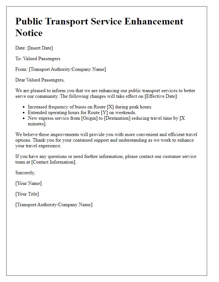 Letter template of public transport service enhancement notice