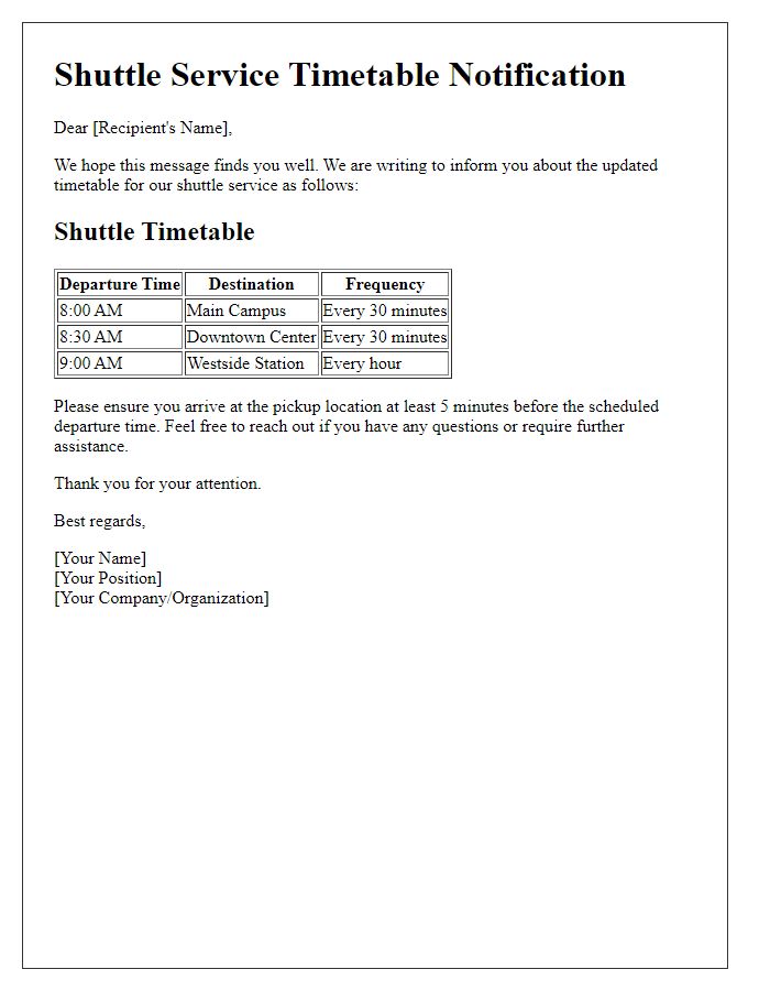 Letter template of shuttle service timetable notification