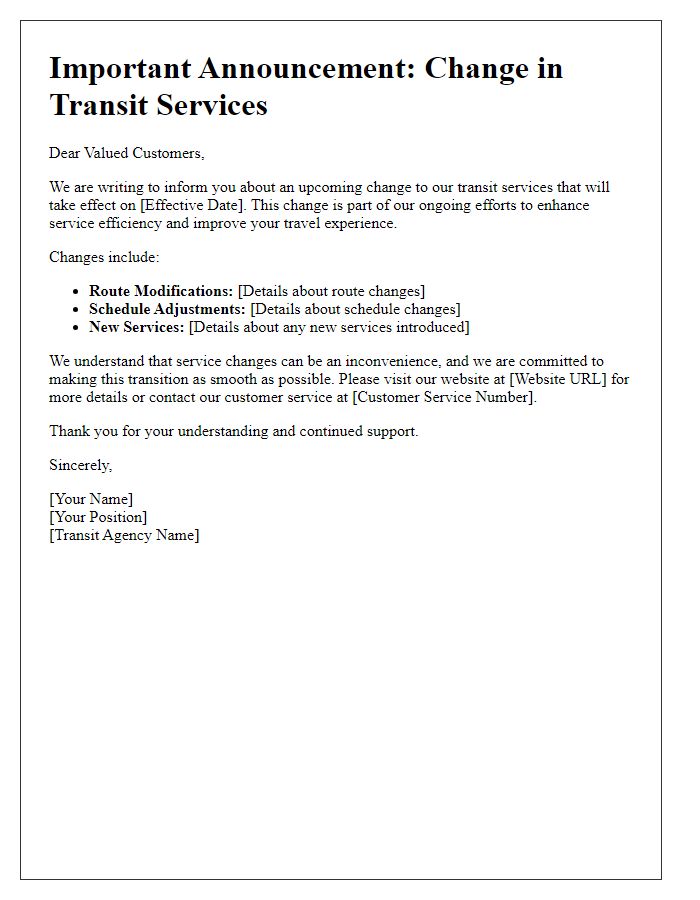 Letter template of transit service change announcement