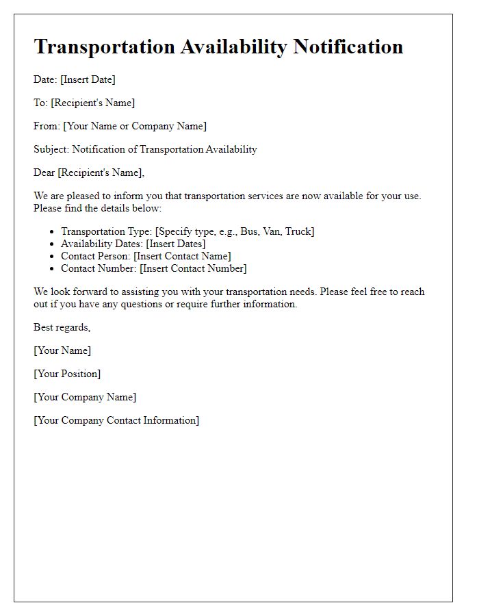 Letter template of transportation availability notification