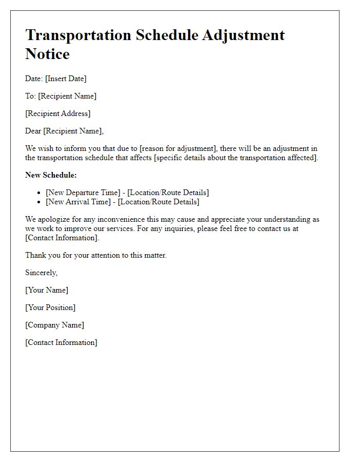 Letter template of transportation schedule adjustment notice