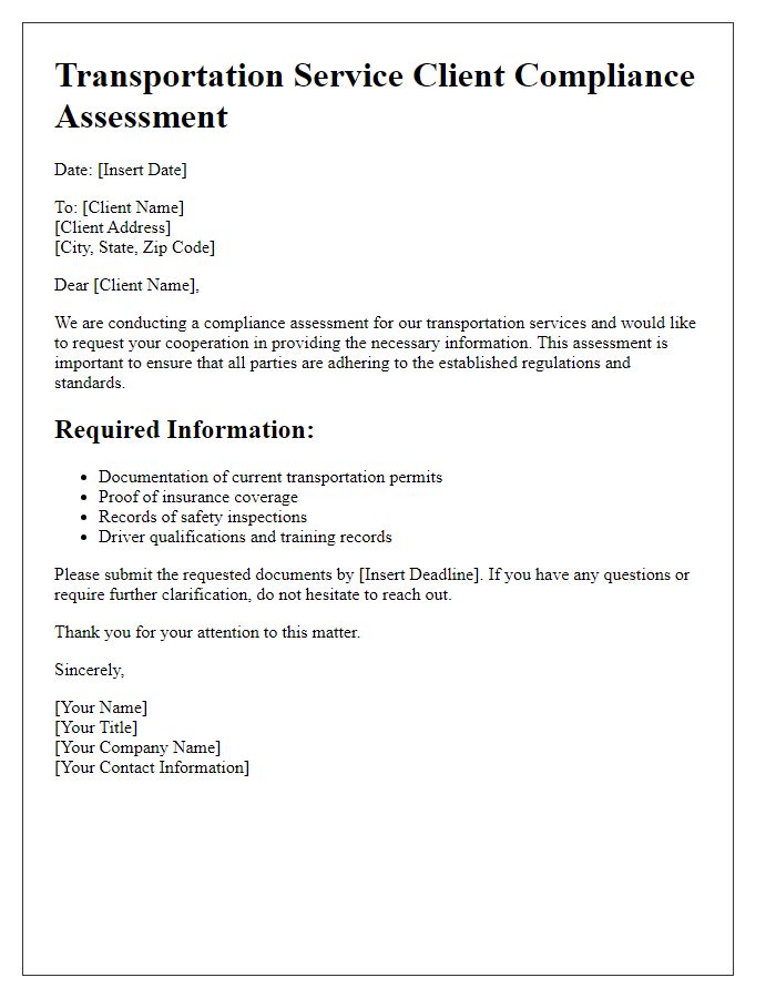 Letter template of transportation service client compliance assessment