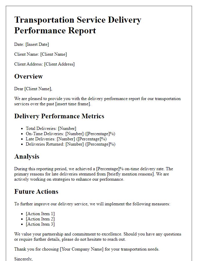 Letter template of transportation service client delivery performance