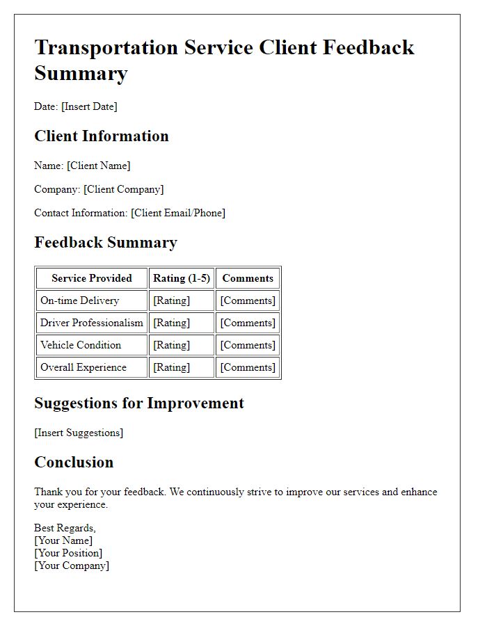 Letter template of transportation service client feedback summary