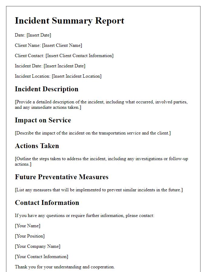 Letter template of transportation service client incident summary