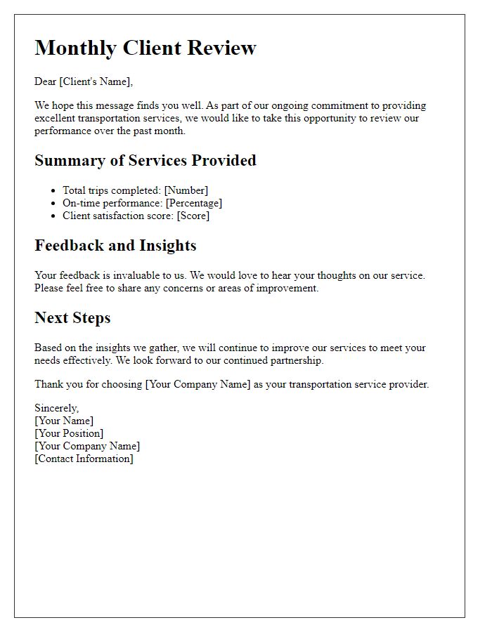 Letter template of transportation service client monthly review