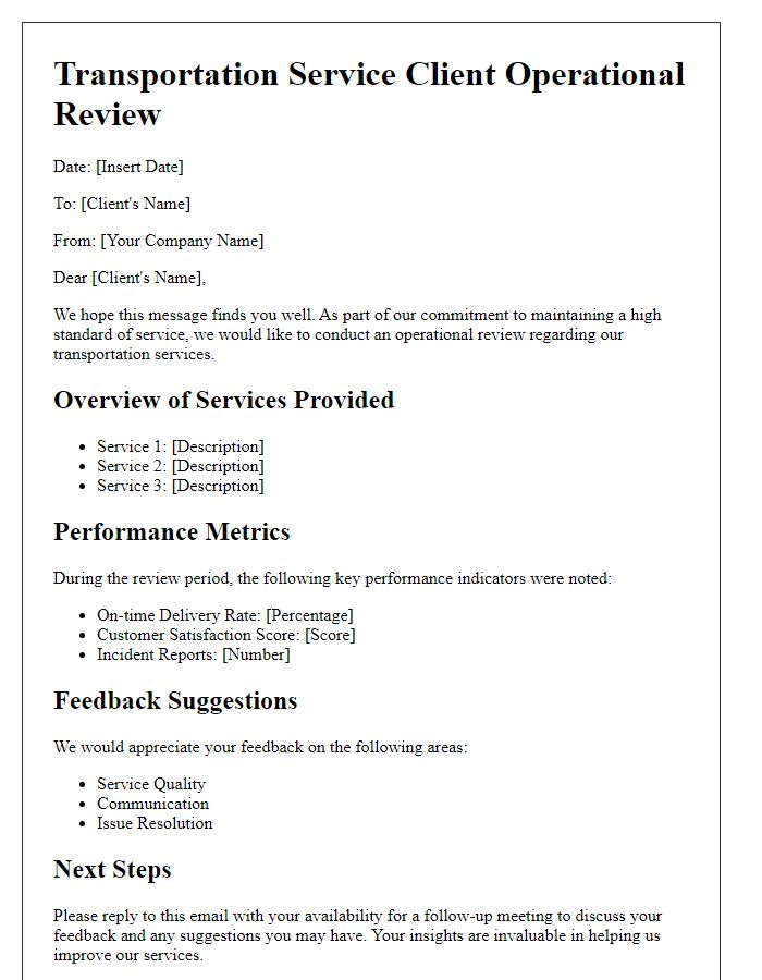 Letter template of transportation service client operational review