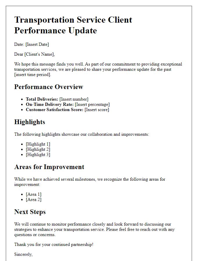 Letter template of transportation service client performance update