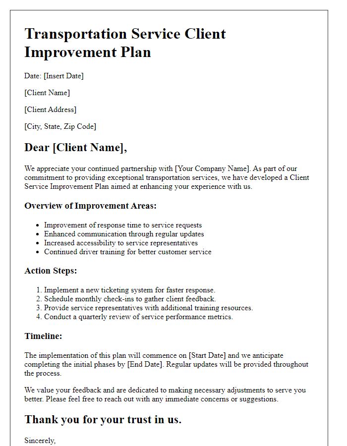 Letter template of transportation service client service improvement plan