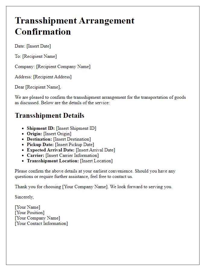 Letter template of transportation service transshipment arrangement