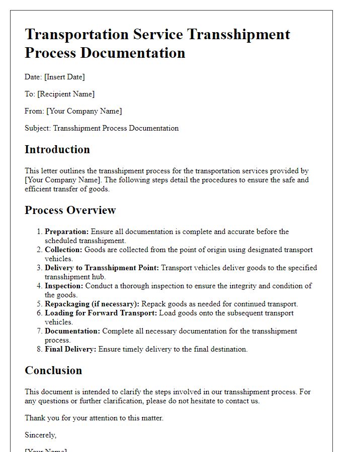 Letter template of transportation service transshipment process documentation