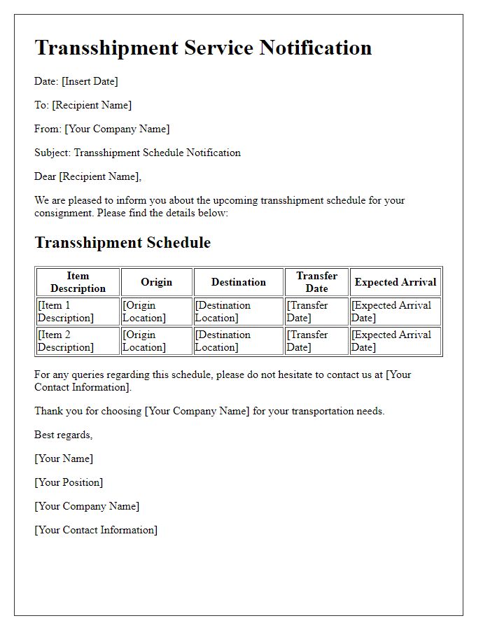 Letter template of transportation service transshipment schedule