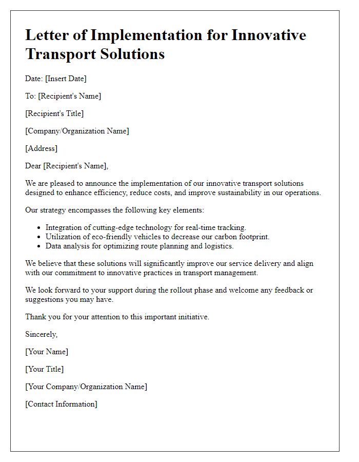 Letter template of innovative transport solutions implementation