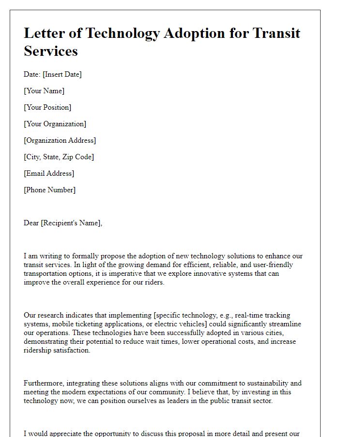 Letter template of technology adoption for transit services