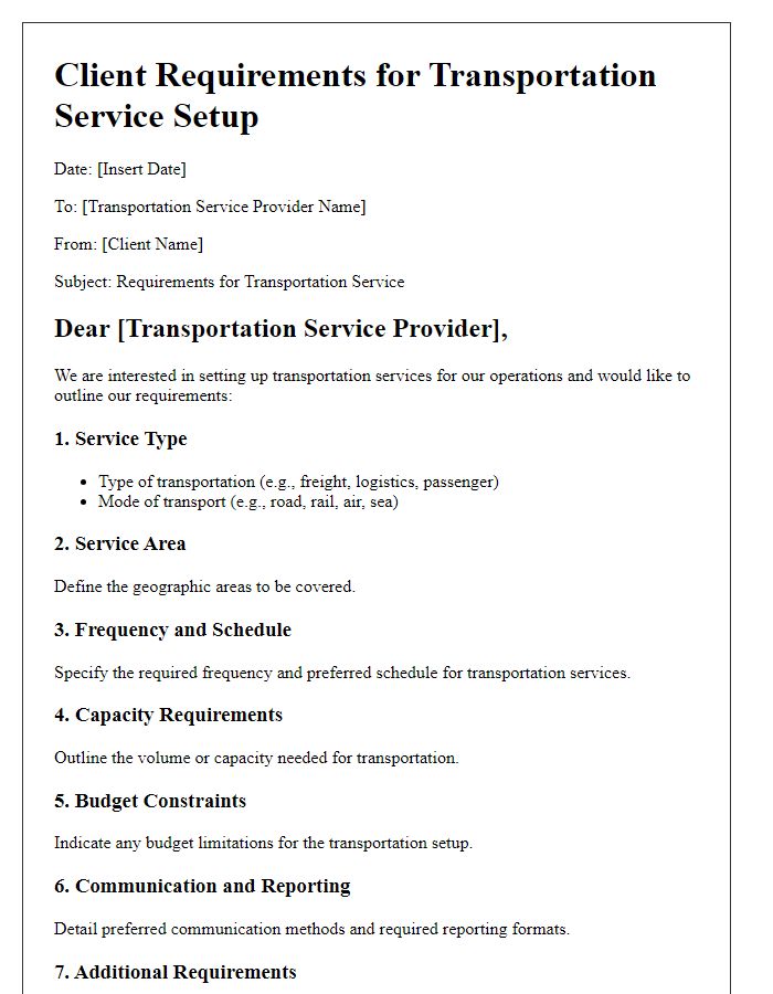 Letter template of client requirements for transportation service setup