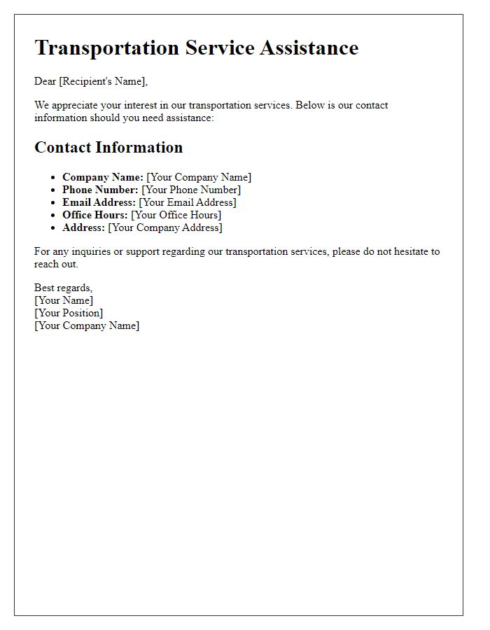 Letter template of contact information for transportation service assistance