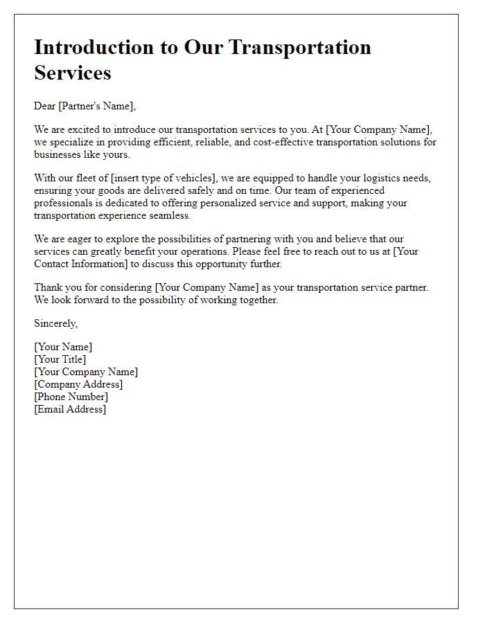 Letter template of introduction for transportation service partners