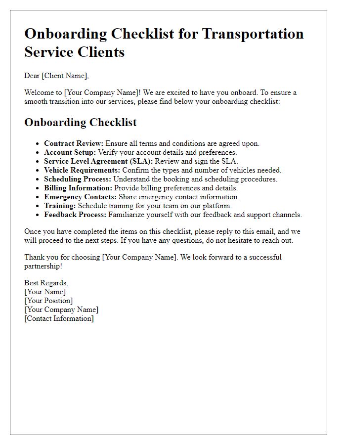 Letter template of onboarding checklist for transportation service clients