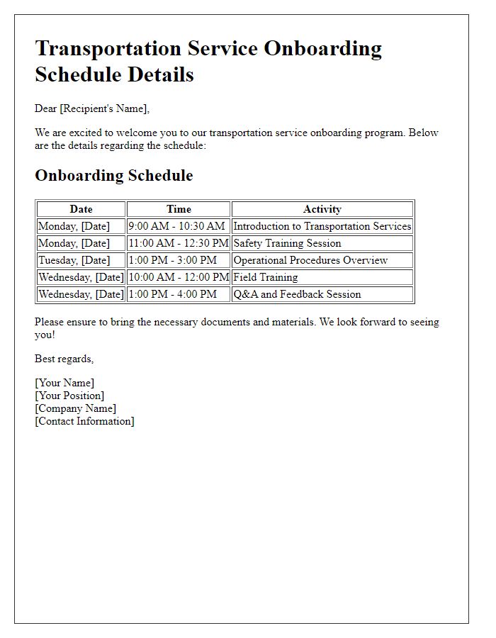 Letter template of schedule details for transportation service onboarding